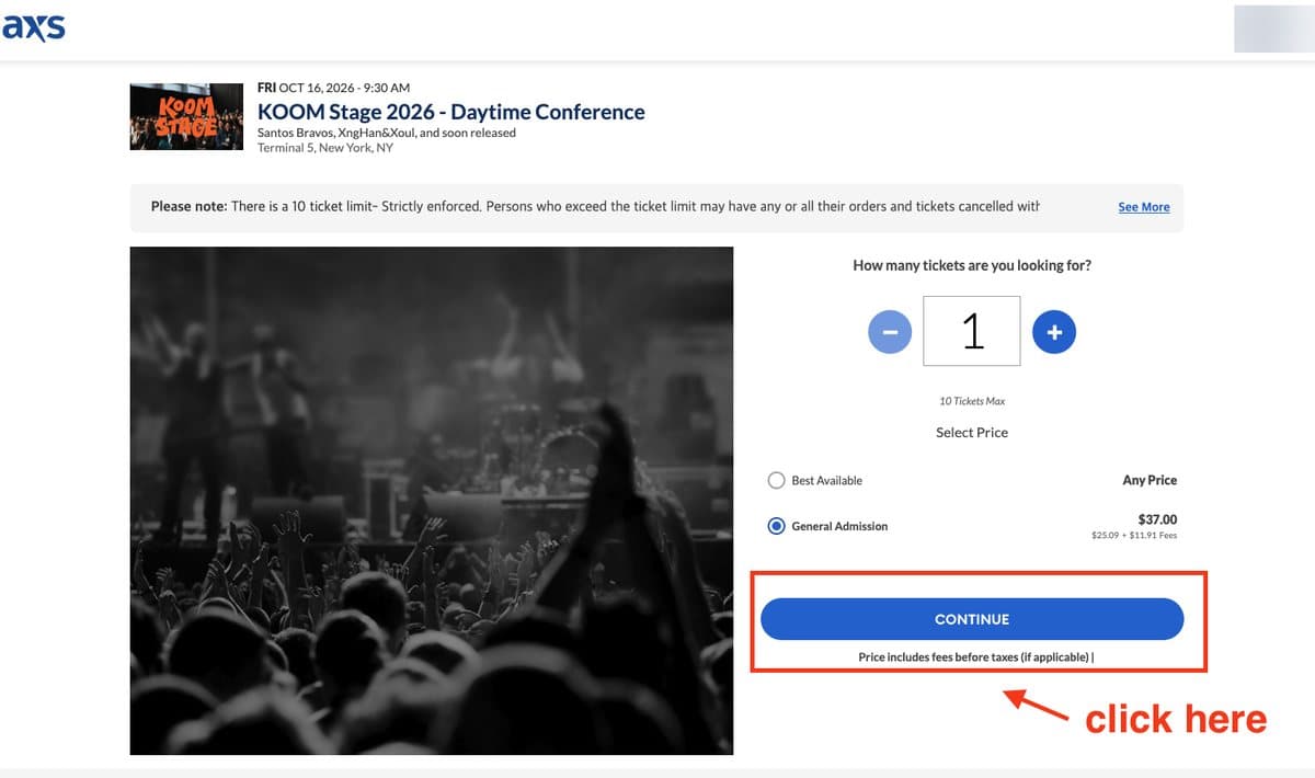 AXS: choose ticket quantity, then click Continue