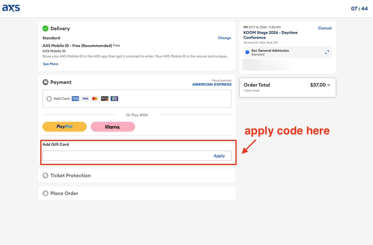 AXS: enter the code in Add Gift Card and click Apply